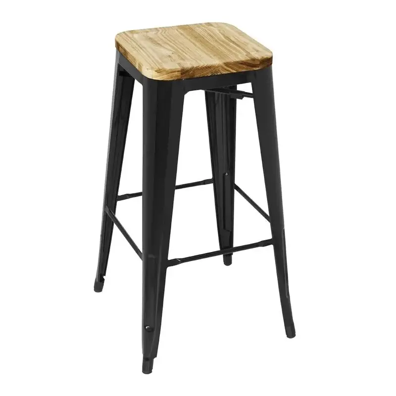 Bolero Black Metal Bar Stools With Wooden Seat Pad 1