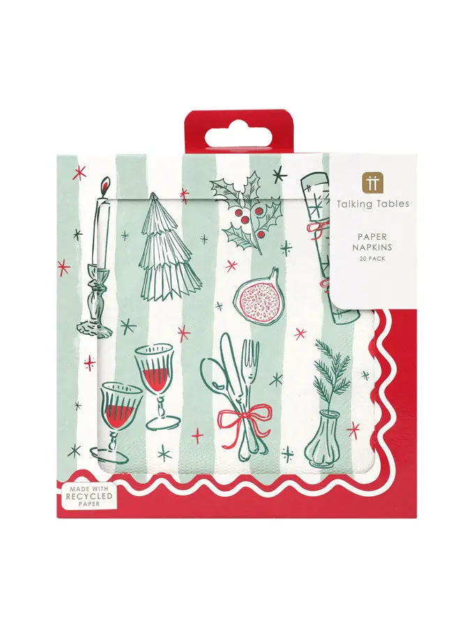 'Bon Noel' Green Striped Linen Napkin – Festive Table Accent 1