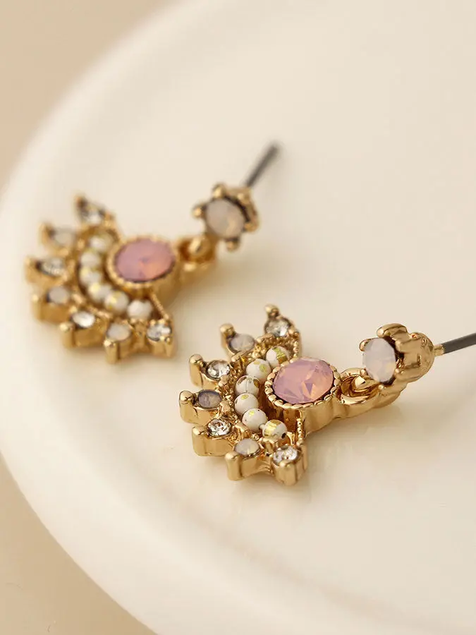 Faux Gold And Pink Crystal Fan-Shaped Drop Earrings 1
