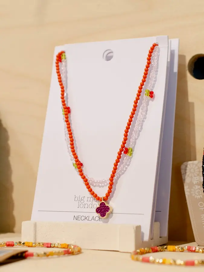 Louise Layered Beaded Necklace Set - Orange & Baby Pink 1