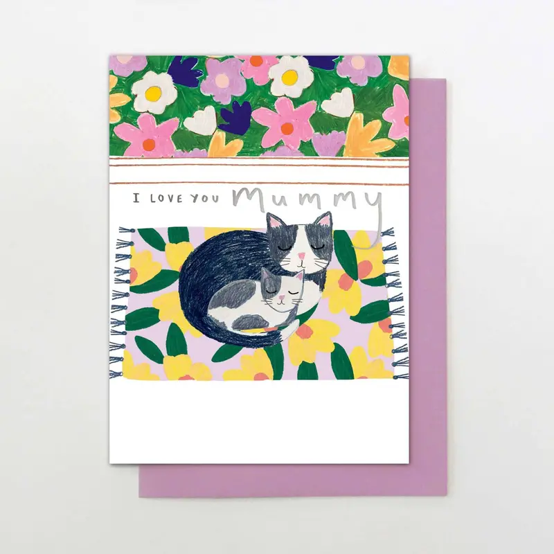Ma21 Art Print: Mummy Cat On Floral Rug – Minimalist Animal Illustration 1