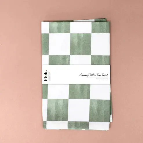 Matcha Green Checkerboard Tea Towel – Organic Cotton Kitchen Essential 1