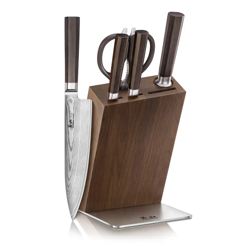 Maya X-7 Damascus Knife Block Set – 6-Piece Curated Kitchen Essentials In Walnut Hua Block 1