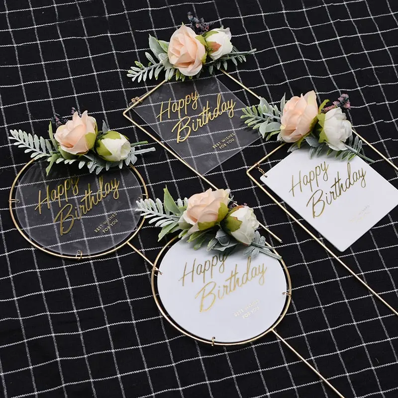 Metal Happy Birthday Cake Topper With Artificial Floral Details 1