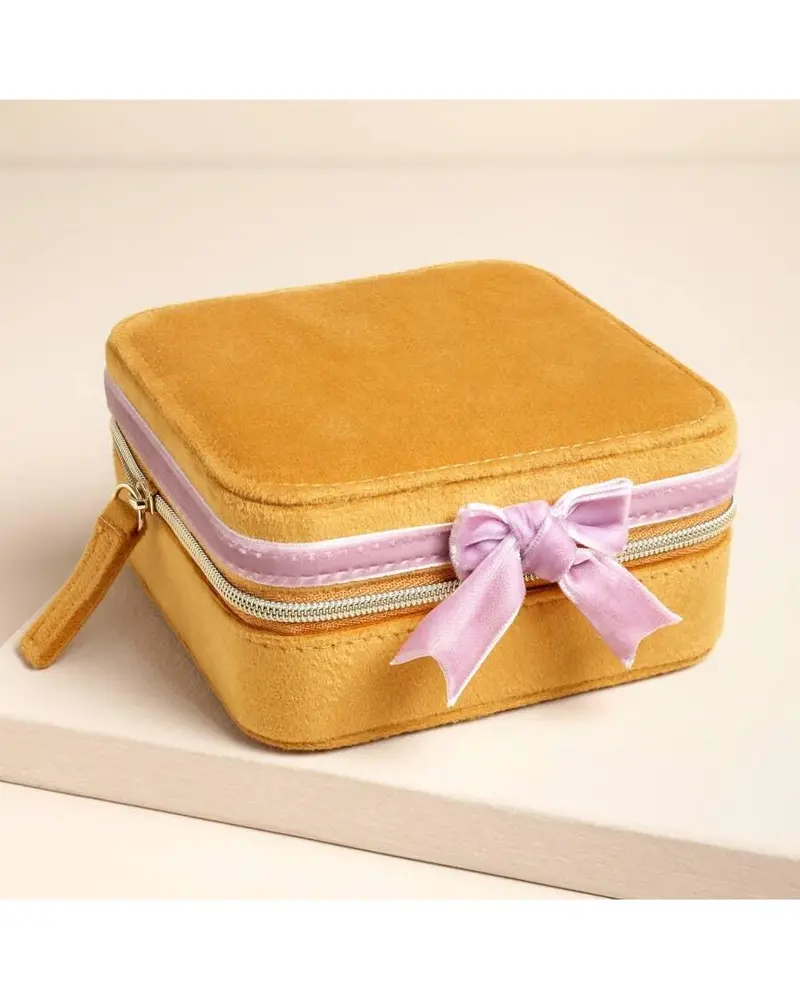 Mustard-And-Pink Velvet Bow Accent Square Jewelry Case For Travel 1