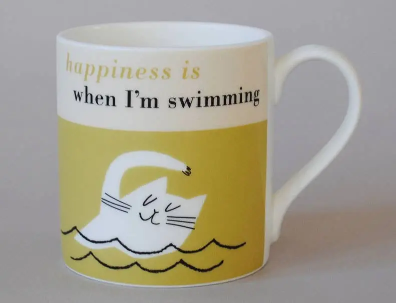 Olive-Tone Bone China Mug Featuring A Swimming Cat Illustration 1